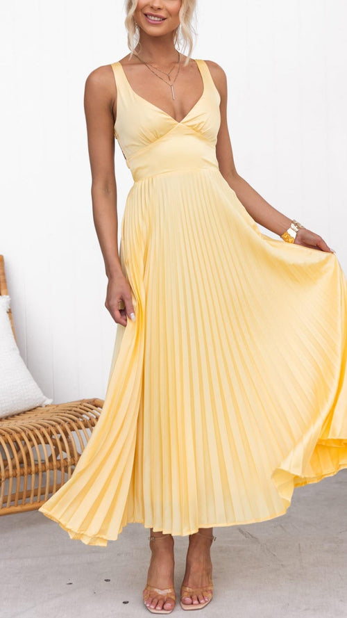 Aby | Gelbes Plissé V-Ausschnitt Maxikleid