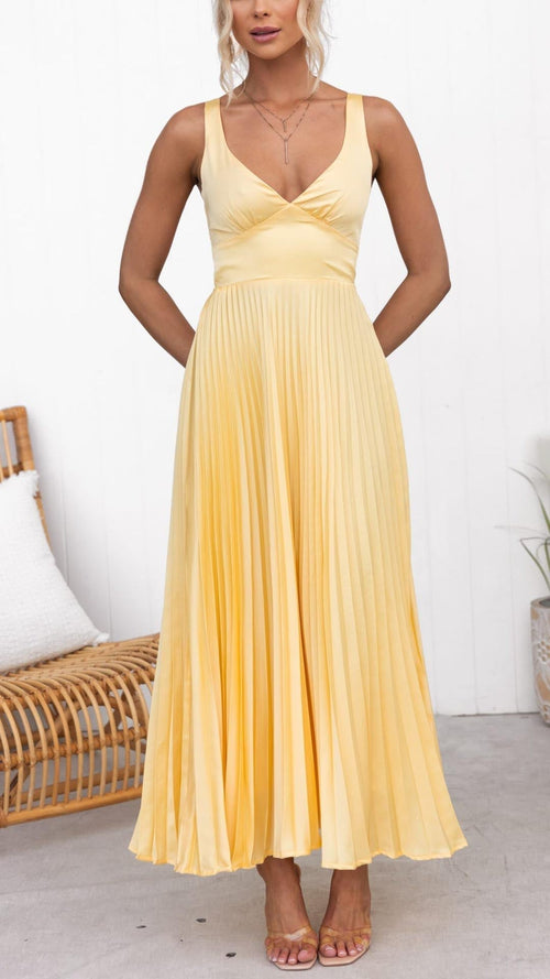 Aby | Gelbes Plissé V-Ausschnitt Maxikleid