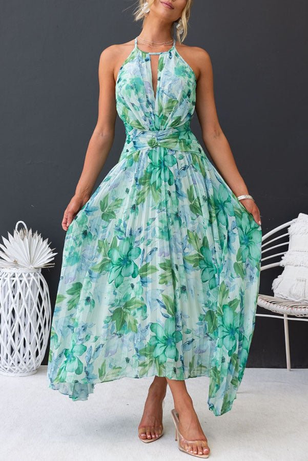 Angel | Blumiger Halter Plissé Maxikleid