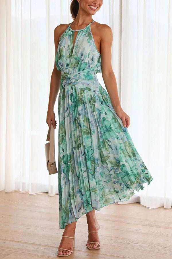 Angel | Blumiger Halter Plissé Maxikleid