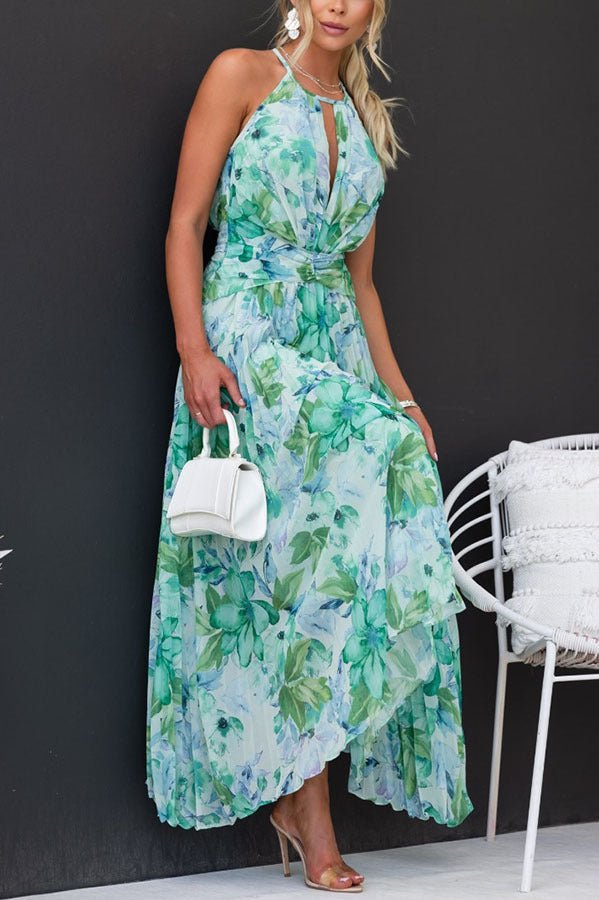 Angel | Blumiger Halter Plissé Maxikleid