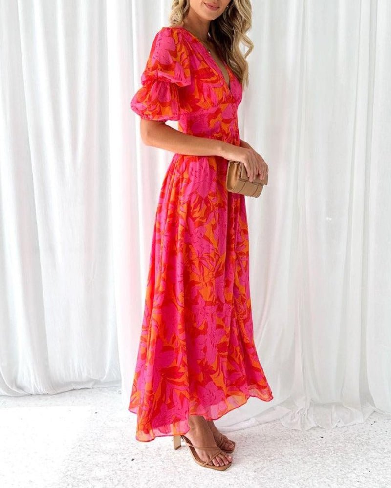 Lydia | Rosa geblümtes Maxikleid
