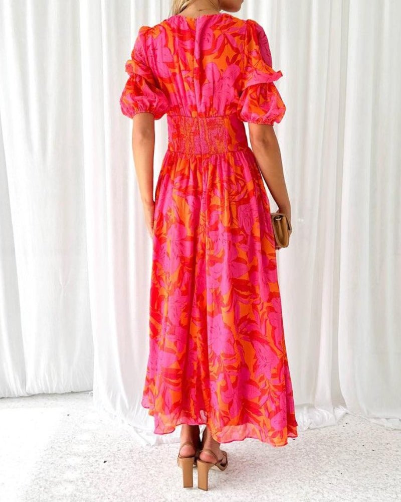 Lydia | Rosa geblümtes Maxikleid