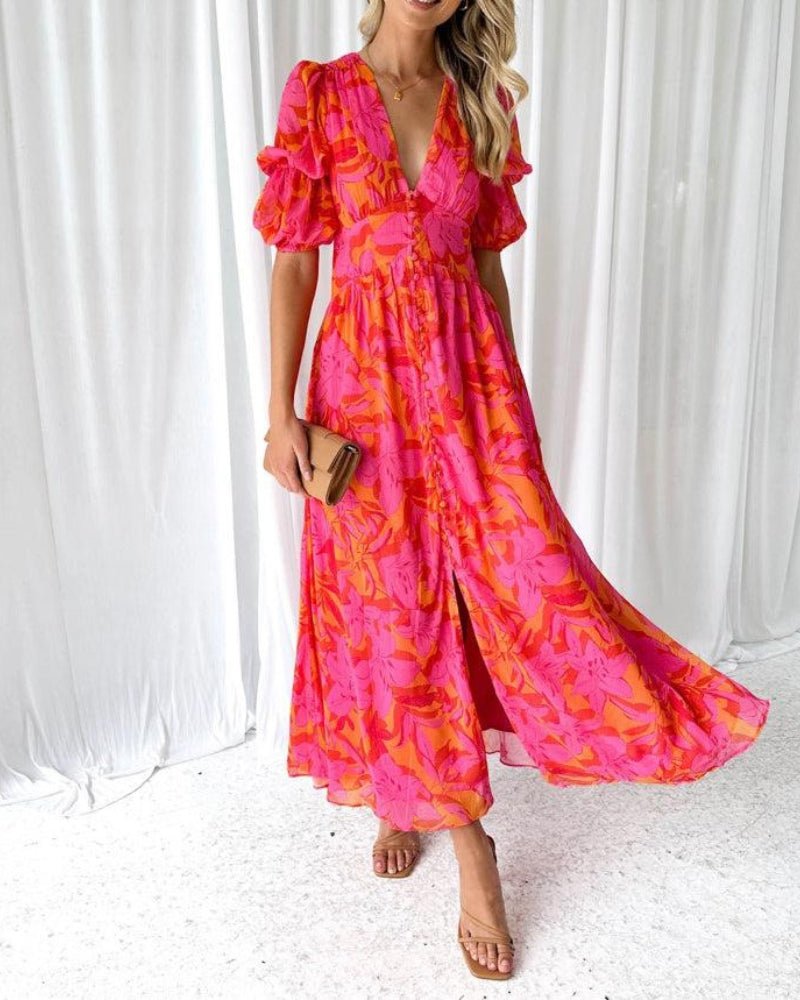 Lydia | Rosa geblümtes Maxikleid