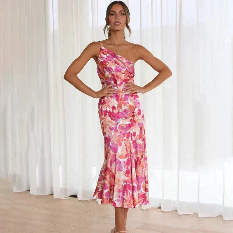 Flora | Asymmetrisches Blumiges Midi Kleid