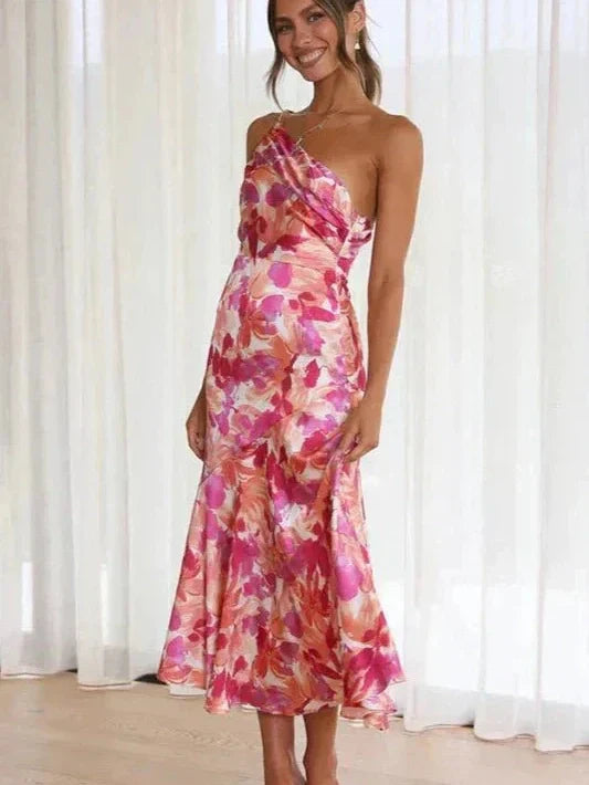 Flora | Asymmetrisches Blumiges Midi Kleid