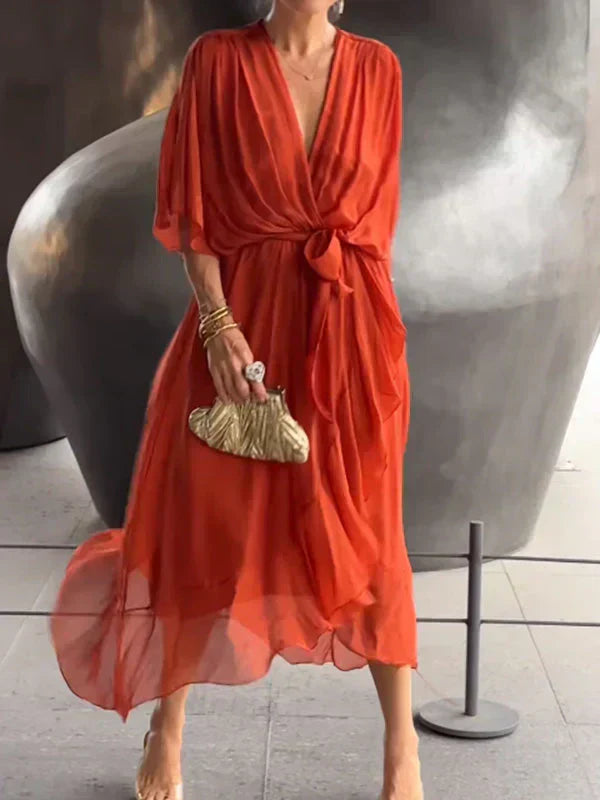 Monica™ - Elegantes Chiffon-Seidenkleid mit verführerischem V-Ausschnitt