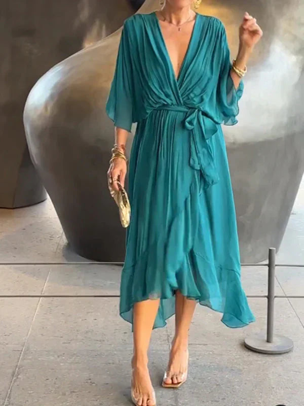 Monica™ - Elegantes Chiffon-Seidenkleid mit verführerischem V-Ausschnitt